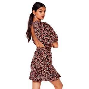 Nasty Gal Collection Floral Puff Sleeve Mini Wrap Dress v-neck‎ Roses short Sz 6